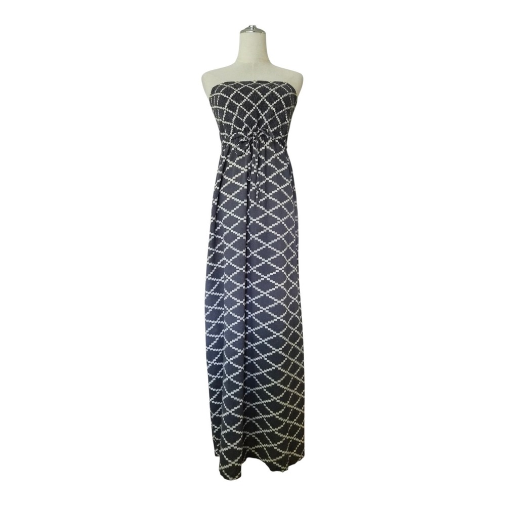 Mermaid Strapless Smocked Maxi Dress Black White Geometric Cotton Size L Boho